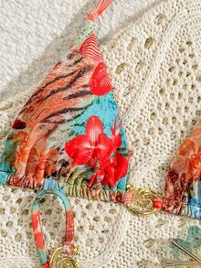 Swim Vcay Summer New Multicolor Animal & Floral Print Patchwork High-Cut Metal Decor Romantic Beach Resort Bikini Swimwear Set For Women, 2 Pieces - Multicolor - View 1