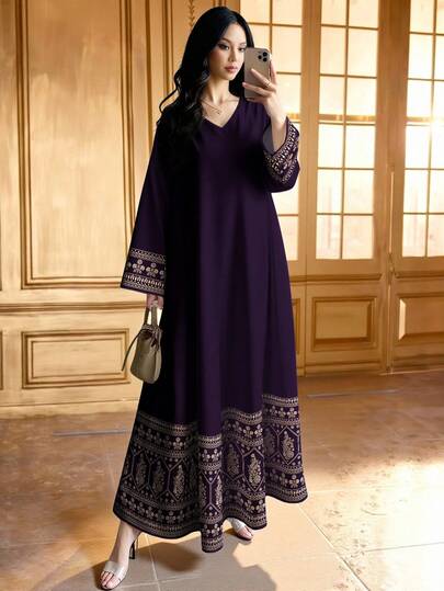 SHEIN Najma Floral & Geometric Symmetry Print V-Neck Long Sleeve Dress For Women, Elegant Arabic Style Dress, Spring/Summer