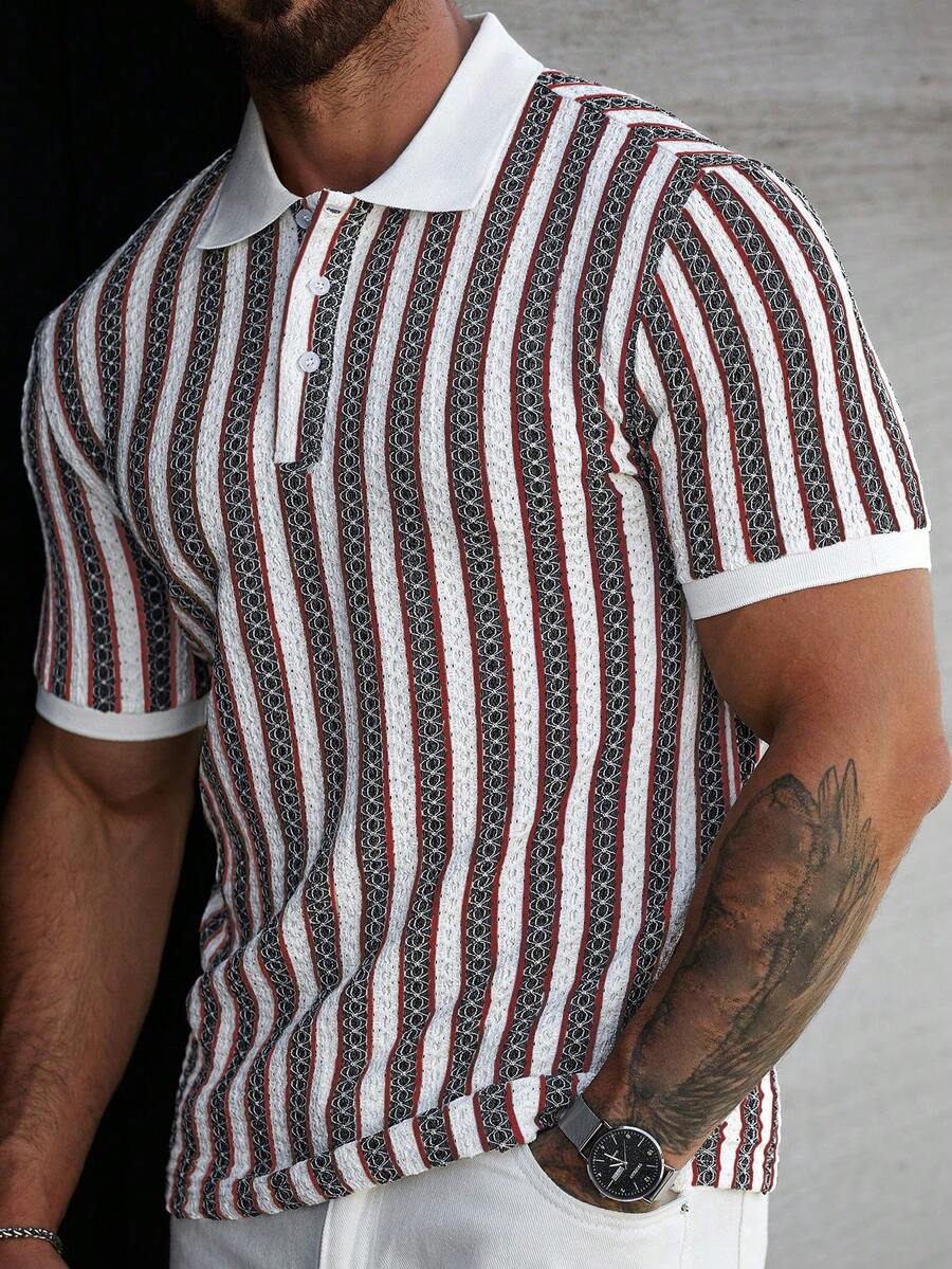 Manfinity CasualCool 男士休闲撞色条纹短袖Polo衫，夏季 - 紅色 - 查看 1