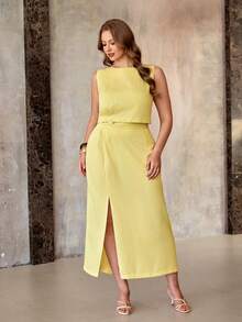 Roveilla Completo elegante da donna in stile lino-bambù con top senza maniche e gonna lunga, adatto per lavoro, casual, vacanza, tè pomeridiano, abito Filipiniana moderno color giallo pallido per eventi e occasioni speciali. Abito estivo coordinato elegante color limoncello per le donne. - Giallo chiaro - Visualizzare 3