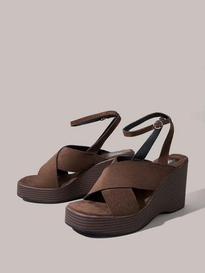 Styleloop Brown Suede Platform Wedge High Heel Sandals, Women's Summer Criss-Cross Open Toe Outdoor Casual Vacation Wedge Sandals Holiday Travel Essential Boho Cowgirl Outfit