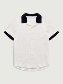 Courvante 男士對比邊飾短袖鈕扣衫 - 米色 - 查看 1