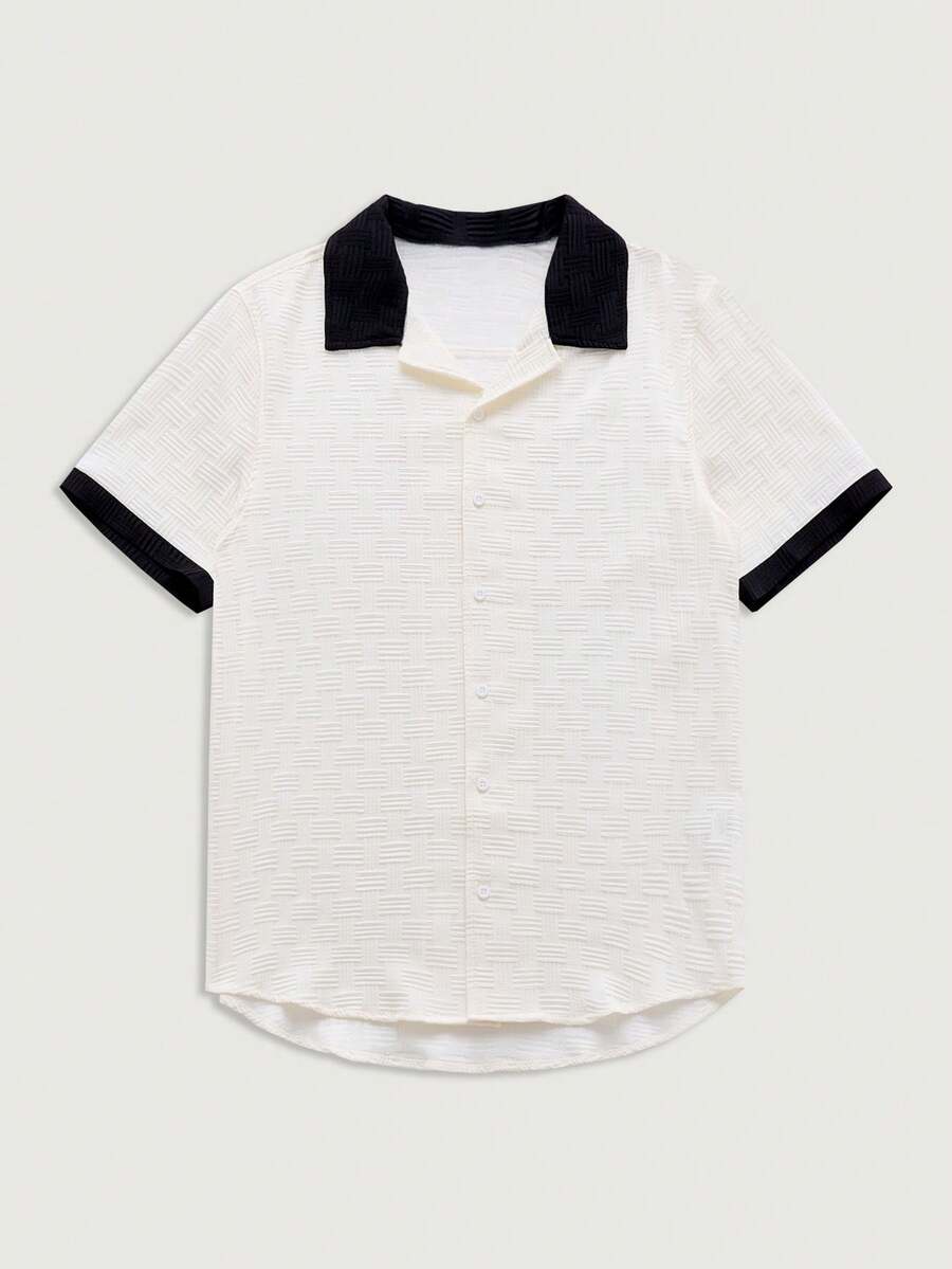 Courvante 男士對比邊飾短袖鈕扣衫 - 米色 - 查看 1