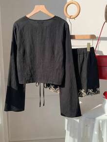 Comfortcana 女士波西米亚风腰果印花系带衬衫和短裤黑色两件套 - 黑色 - 查看 2