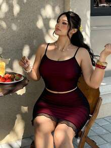INAWLY 大码女式欧美风酒红色渐变针织套装，性感吊带背心和紧身迷你裙两件套 - 紅色 - 查看 5