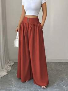 Elenzga 新款优雅时尚花卉搭扣设计宽松阔腿裤，亚麻卡其色长裤，适合春夏、感恩节和万圣节穿着，百搭宽松飘逸阔腿裤 - 紅色 - 查看 4