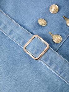 GlowEve 女士时尚双排扣系带短袖牛仔连衣裙 - 藍色 - 查看 3