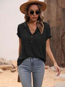 SHEIN LUNE Camiseta con capucha de unicolor casual para mujer, de verano - Negro - Ver 5