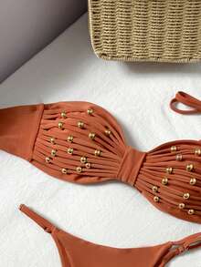 Swim Vcay Ensemble de maillot de bain 2 pièces avec Top bandeau à bretelles réglables et bas à taille coulissante avec perles - Lie de vin - Voir 5