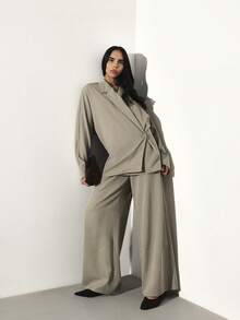 KSTM 女士轻薄裹身式西装外套，翻领设计，纽扣闭合，适合职业办公场合穿着 - 灰色 - 查看 7