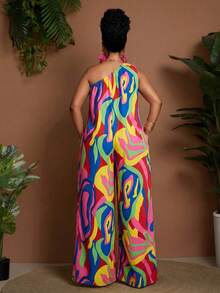 Maweii Combinaison ample à épaules asymétriques et jambes larges pour femmes grandes tailles - Multicolore - Voir 2