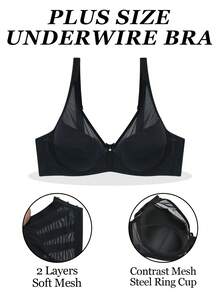DesireSculpt Lencería para mujer de talla grande, sólida, cómoda y sexy, con malla fina y suave, amigable con la piel, con aros de acero y sujetador con elevación instantánea acolchado - Negro - Ver 4