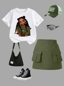 两件套女童休闲时尚春夏短袖连衣裙套装。可爱少女图案设计，短袖圆领T恤搭配工装裙。舒适的短袖圆领T恤和打底裤，适合春夏穿着，时尚休闲，街头风，户外野餐，校园，节日，礼物之选。 - 彩色 - 查看 2