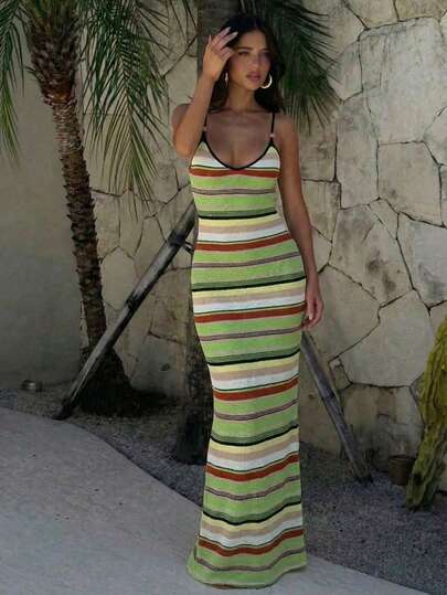 Aloruh Women's Spring/Summer New Knitted Crochet Dress, Criss-Cross Backless Striped Bohemian Dress, Elegant Vacation Dress