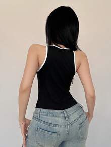 Rafferiza Women's Contrast Trim Round Neck Fitted Bodysuit, Versatile For Daily Wear - Black - View 3