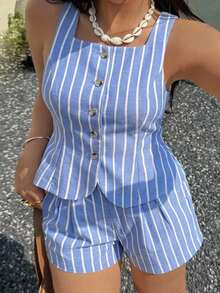 GlowEve CURVE 大码女装两件套：条纹无袖衬衫和短裤，春夏款 - 藍白色 - 查看 5