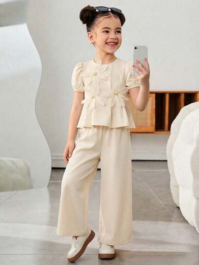 Young Girl Elegant Round Neck Petal Sleeve Floral Top And Pants Set Linen Suit For Girls Kids Elegant Clothes Beige Dress For Kids Elegant Set For Girls Young Girls Clothing Sets Collar