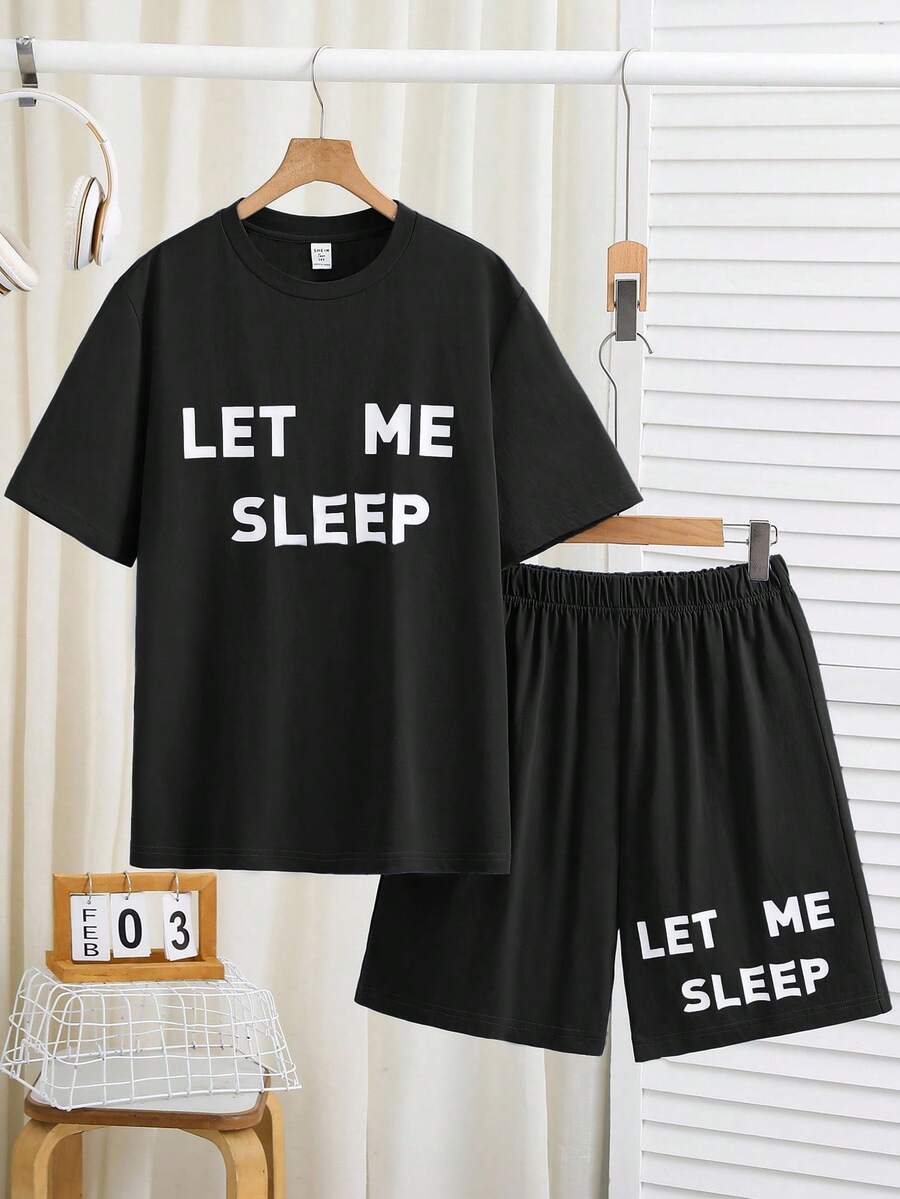 SHEIN Teenager Jungen Casual Set aus Buchstaben-Muster Rundhals Kurzarm Top und Shorts, 2 Stücke Freizeitanzug - Schwarz - Übersicht 1