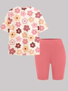 两件套少女休闲多巴胺粉色碎花宽松圆领短袖T恤和紧身骑行短裤套装，舒适柔软，适合春夏日常穿着、外出、度假、复活节等场合。 - 彩色 - 查看 2