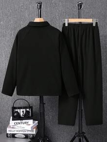 SHEIN 男士及青少年休闲长袖翻领外套搭配直筒裤两件套，绅士套装，经典简约百搭，适合居家、通勤、上学、日常休闲、旅行、户外、聚会、秋冬季等场合。 - 黑色 - 查看 4