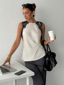 Siren Gaze 女士圆领撞色蕾丝边无袖不对称下摆背心，适合日常穿着、派对、音乐节等场合。 - 杏色 - 查看 5
