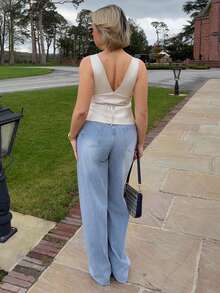 Bethéva Pantalones vaqueros casuales y versátiles de pierna ancha y bolsillos para mujer - Lavado ligero - Ver 2