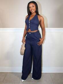 Steph T Women's Streetwear Solid Color Vest And Pants 2 Pieces Set, Summer - Navy Blue - View 6