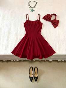 Franclia Women's Elegant A-Line Waist Cinching Mini Dress - Red - View 2