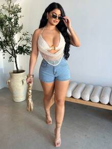 Dayanna Comas Quần short denim dạo phố thường ngày chữ A mùa hè cho nữ, gợi cảm và sang trọng - Rửa nhẹ - Xem 6