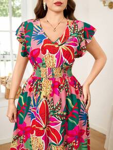 Reflora 大码女式夏季连衣裙，优雅印花不对称下摆连衣裙 - 彩色 - 查看 8