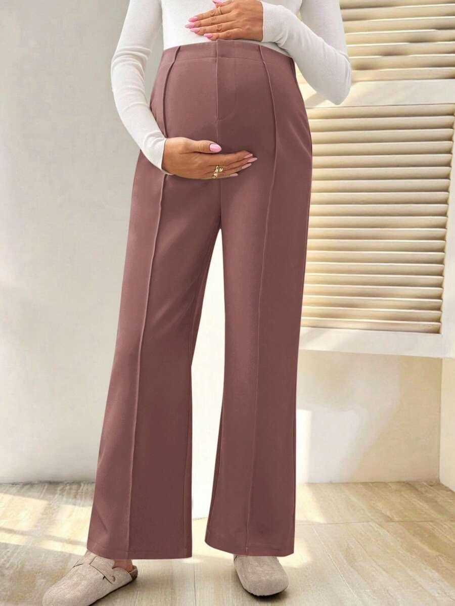 SHEIN Pantalones casuales sueltos de pierna ancha de unicolor para mujeres embarazadas - Marrón Mocha - Ver 1