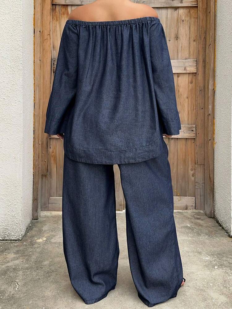 Dazy Plus Dark Wash Denim 2 Pieces Set, Off-Shoulder Loose Denim Top And Wide Leg Jeans, Spring/Autumn