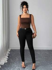 Elenzga Plus Size Summer Casual Solid Color Square Neck Knit Tank Top - Brown - View 6
