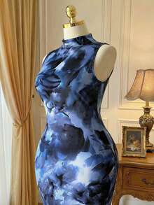 Rometta 法式优雅碎花高领无袖连衣裙，2025新款高腰显瘦优雅连衣裙，收腰碎花长裙，显瘦度假风休闲长裙，荷叶边下摆显瘦长款A字碎花连衣裙，法式度假连衣裙，夏季新款度假风收腰长裙，针织碎花连衣裙 - 藏蓝色 - 查看 2