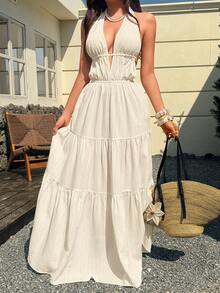 Sunnyshic Vestido con textura de albaricoque, plisado, escote en V profundo, halter, espalda descubierta, cintura ceñida, para mujer, primavera/verano, vacaciones, estilo bohemio, playa, boda, elegante, dulce, minimalista, versátil - Albaricoque - Ver 7