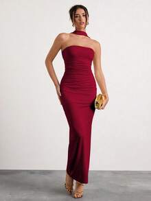 Glamine Đầm maxi cổ yếm xếp ly trễ vai màu đỏ tía, đầm dự tiệc lễ hội, trang phục hẹn hò, trang phục sinh nhật cho nữ, phong cách Y2K, màu sắc tươi tắn, thời trang đường phố, trang phục đi nghỉ mát cho nữ, đầm mùa hè, đầm tốt nghiệp, trang phục dự đám cưới. - Màu Đỏ Sâu - Xem 4