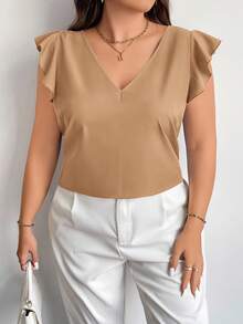 Firerie Plus Size Elegant V-Neck Ruffle Trim Cap Sleeve Red Festive Minimalist Summer Blouse, Suitable For Teachers - Khaki - View 3