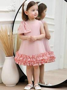 SHEIN Glamorique Kids 女婴优雅蝴蝶结3D花朵装饰无袖连衣裙，适合婚礼、派对、生日、度假、拍照、夏季等场合 - 粉色 - 查看 7