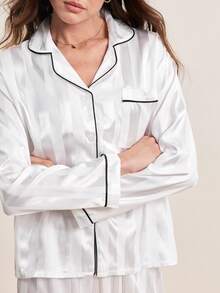 Hourtrue Contrast Piping Satin Pajama White Set, Fall Winter Clothes Cozy And Elegant Detailsfor Summer - White - View 9