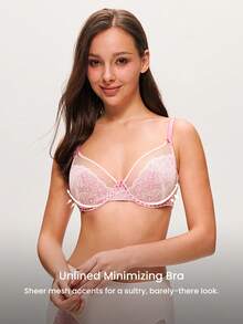 LUVLETTE 柔软女士内衣透气钢圈性感无衬垫显瘦粉色花卉蕾丝薄纱文胸 - 粉色 - 查看 2