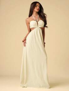 SHEIN BAE Women's White Summer Boho Vacation Dress, Beaded Decor Halter Backless Casual Festival Outfits, Elegant Party Beach Wedding Guest Dress - Apricot - View 4