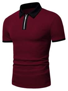 Manfinity Homme 男士撞色拉链短袖休闲Polo衫 - 酒紅色 - 查看 4