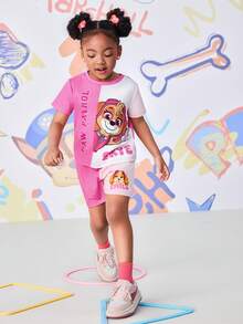 SHEIN | PAW Patrol Conjunto de camiseta de verano casual con cuello redondo, manga corta y estampado lindo para niñas - Rosa - Ver 5