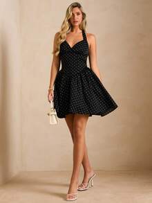 Enchnt 女士波点印花露背吊带迷你连衣裙 - 黑色 - 查看 4