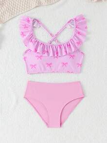 少女比基尼套装，可爱女孩度假学院风休闲粉色条纹蝴蝶结针织面料荷叶边装饰吊带两件式泳衣，时尚优雅女士适合游泳、夏季度假、海滩、泳池、假日派对 - 粉色 - 查看 6