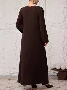 Al Najma Plus Size Women Metal Sun Decor V-Neck Loose Arabic Style Dress - Coffee Brown - View 3