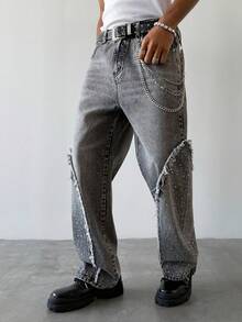 PAVTROS Jeans rectos y anchos de pierna, lavados en gris, con detalles de flecos, rasgados y adornos de strass, estilo hip hop americano para hombres - Gris - Ver 3