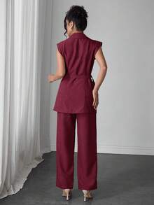 Modelyn 女款秋季酒紅色兩件式套裝，優雅無袖西裝外套與長褲，現代側綁腰商務正裝，適合女士辦公室工作 - 紅色 - 查看 2