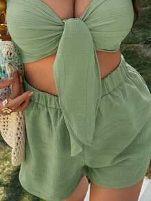 KARISMINA Women's Vacation Solid Color Knotted Bandeau Top And Shorts 2 Pieces Set - Mint Green - View 7
