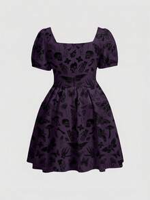 ROMWE Gothic Mysterious Sun, Moon, Star, Plant, Skeleton, Moth, Butterfly Print Plus Size Dress - Purple - View 2